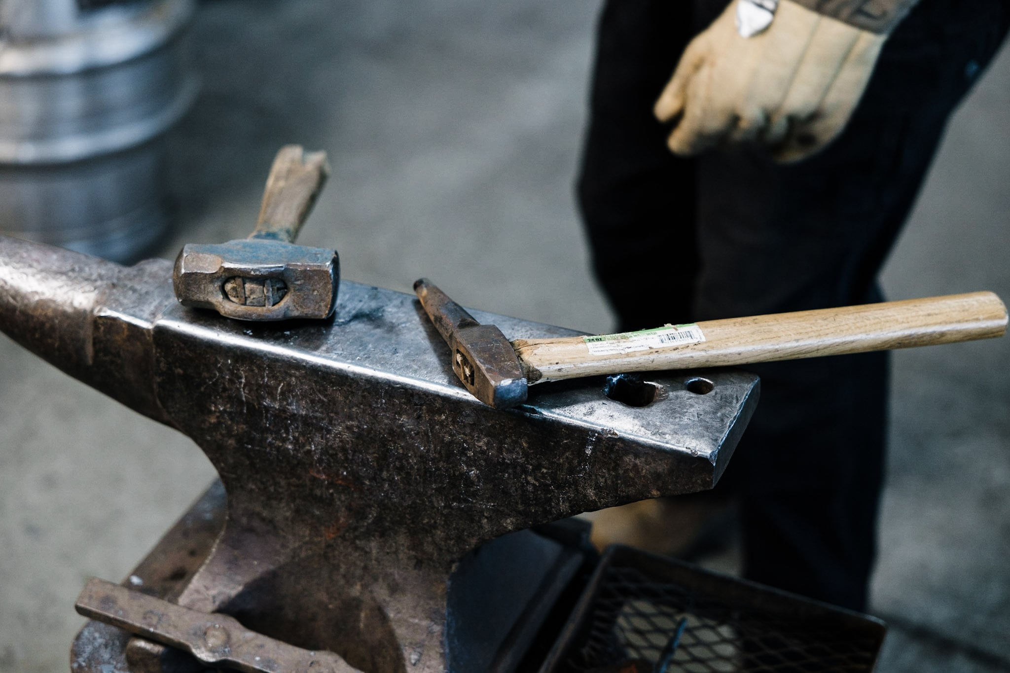Ball peen hammer, cross peen hammer, on anvil at blacksmithing shop in Los Angeles, California