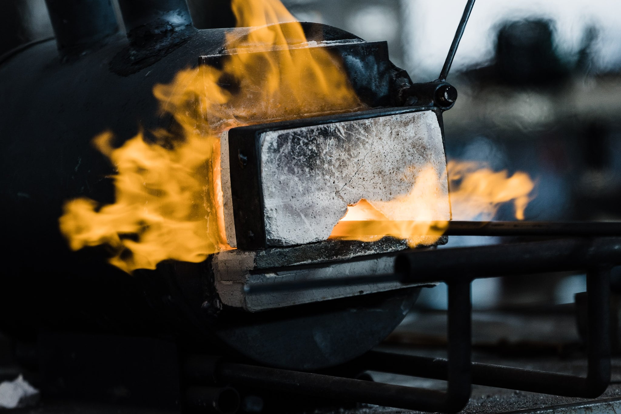 A burning furnace with flames at Adam's Forge in Los Angeles, California. Photo by David Haskell.